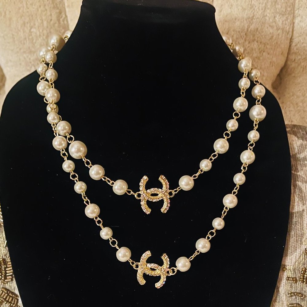 CC Chanel Style 18KGold Plated Costume Designer Pendants Necklaces Crystal Pearl